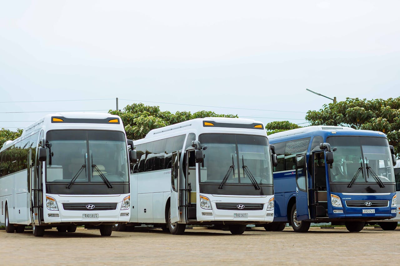 services-02 Three Hyundai buses parked in an outdoor parking lot on a clear day.