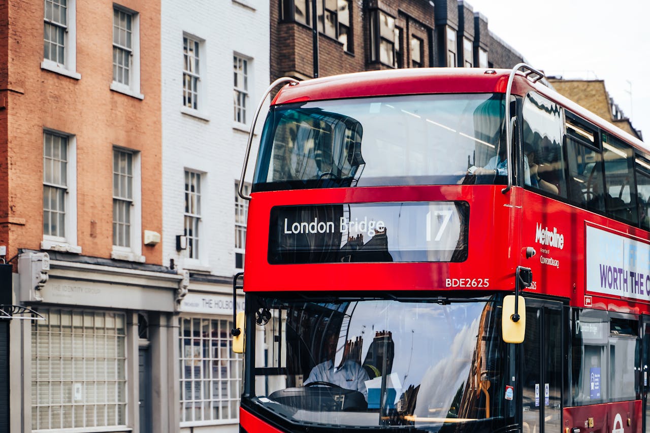 gallery-2 Red double-decker Metroline bus on route 17 at London Bridge, showcasing the city's urban architecture.